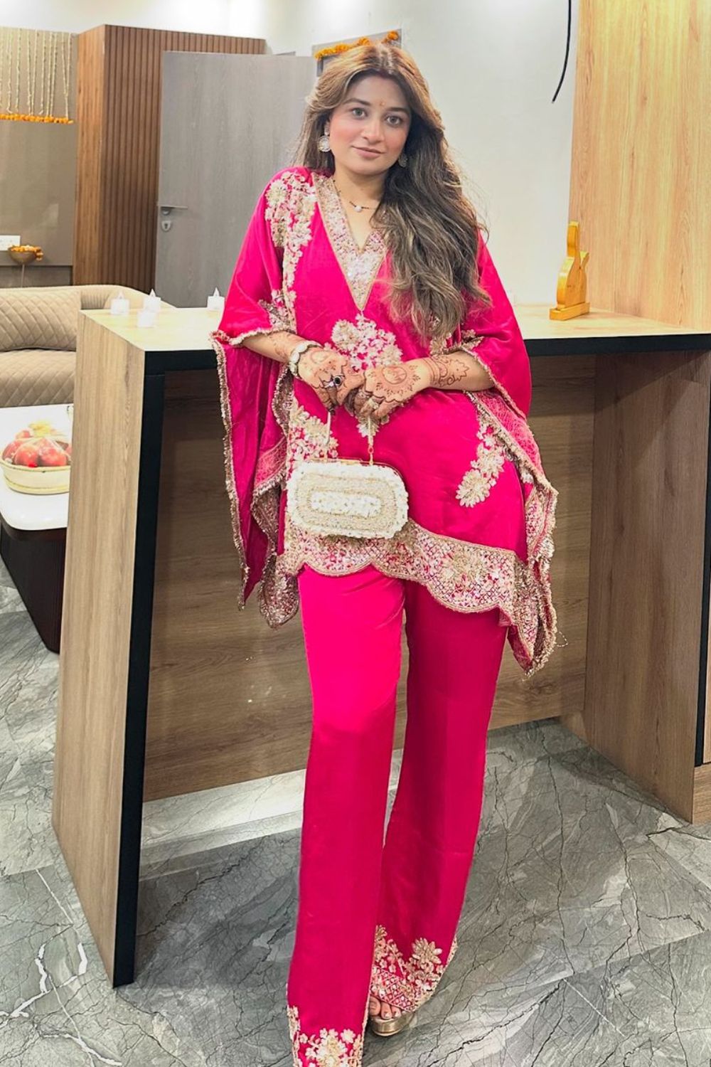 Ritika Bhandari in Seher Hot Pink Satin Silk Lining Shantoon Gullistta Bloom Kaftan With Pant