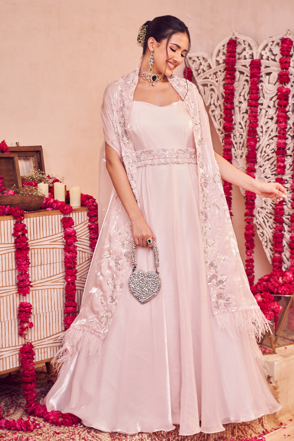 Blush Blossom Gown Pink Glass Orgnaza Embellished Gown with Cape