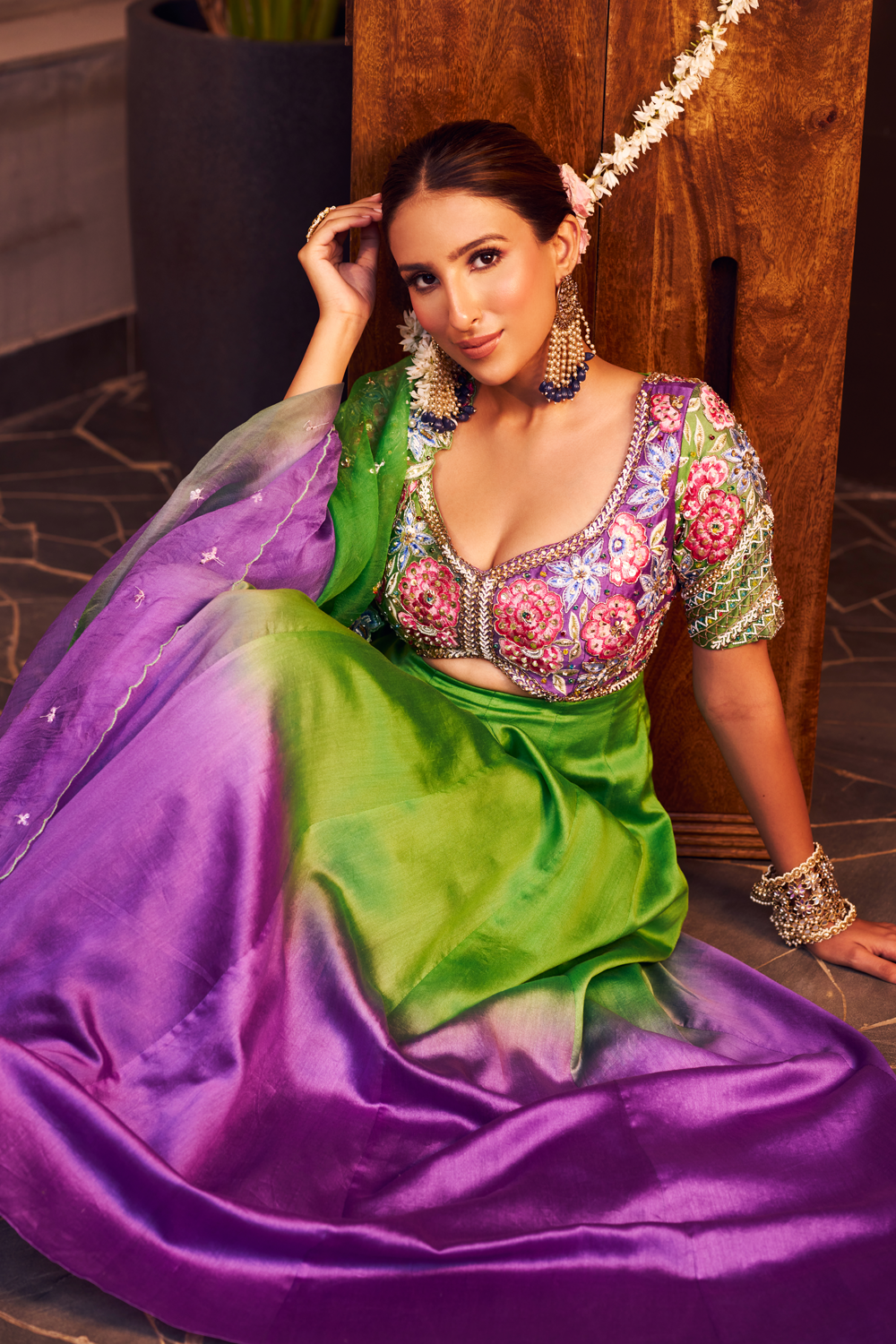 Nandini Purple Chanderi Embroidered Thread Floral Cut-Out Anarkali With Dupatta