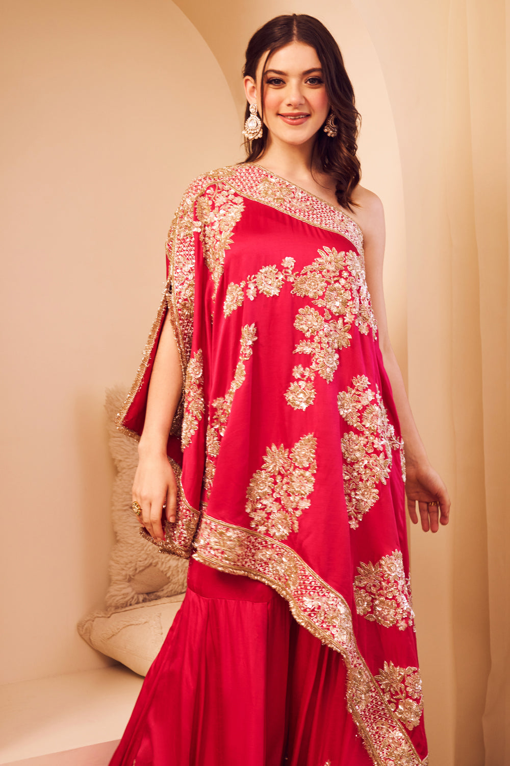 Swarna Hot Pink Satin Silk Lining Shantoon Embroidery Rooh Gulbahar Kaftan With Sharara