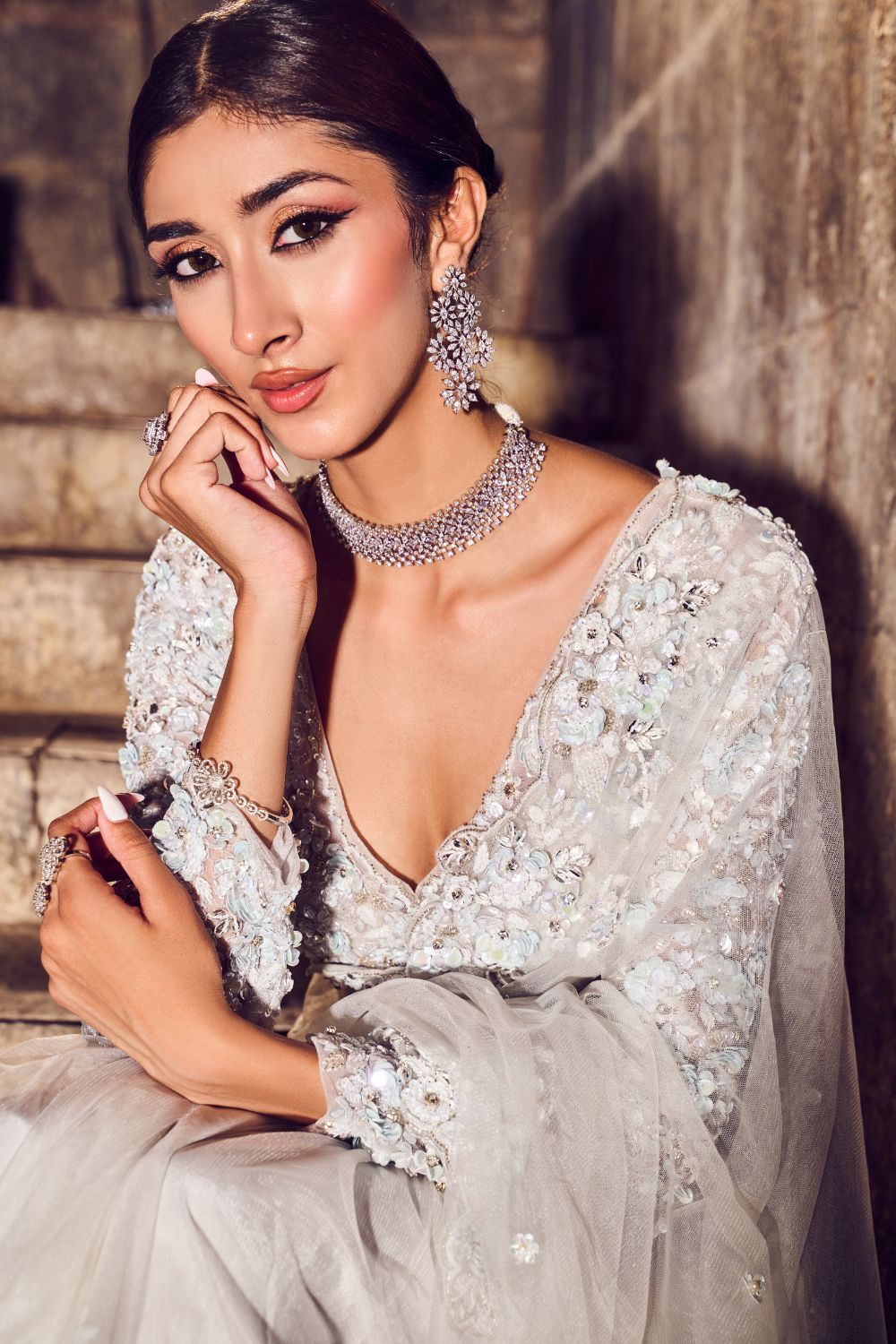 Lunaire Powder Blue Embellished Net Saree and V-neck Blouse