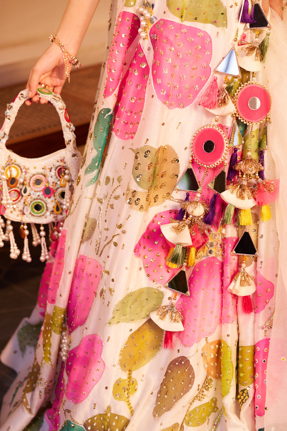 Naina Ivory Chanderi Embellished Floral Plunge V-Neck Handpainted Lehenga Set