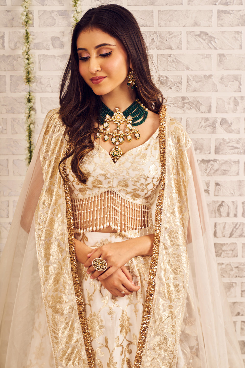 Shagna Rooh Ivory Banarasi Skirt and Blouse with Dupatta Set