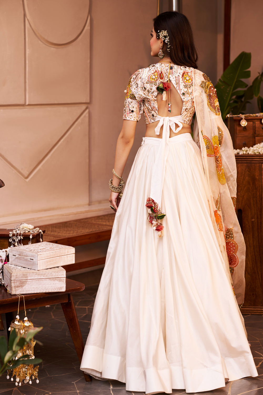 Shehnaaz Ivory Kora Organza Cutdana Embellishment & Embroidered Lehenga Set