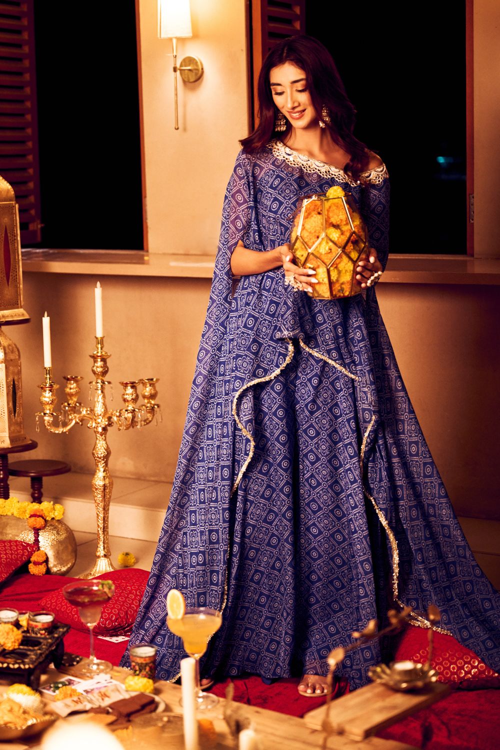 Cascading Sea Blue Printed Georgette Cape Sleeves Kaftan with Flare Pants