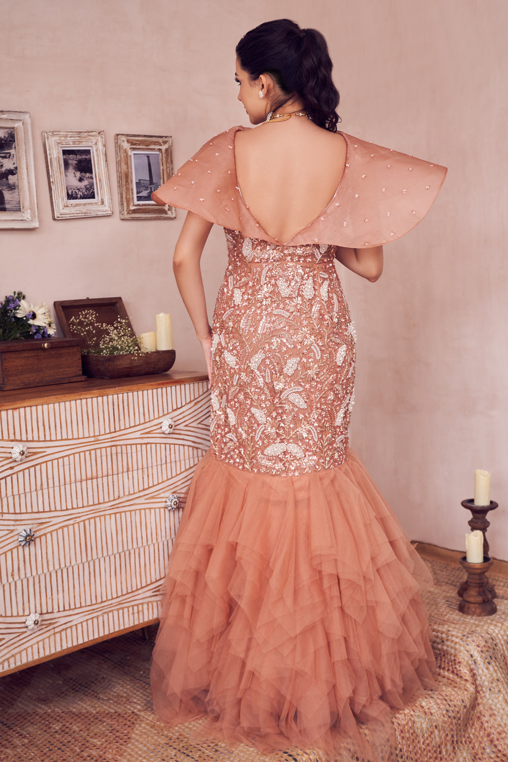 Dazzling Pearl Rose Gold Net Embellished V Neck Ruffle Detailed Gown
