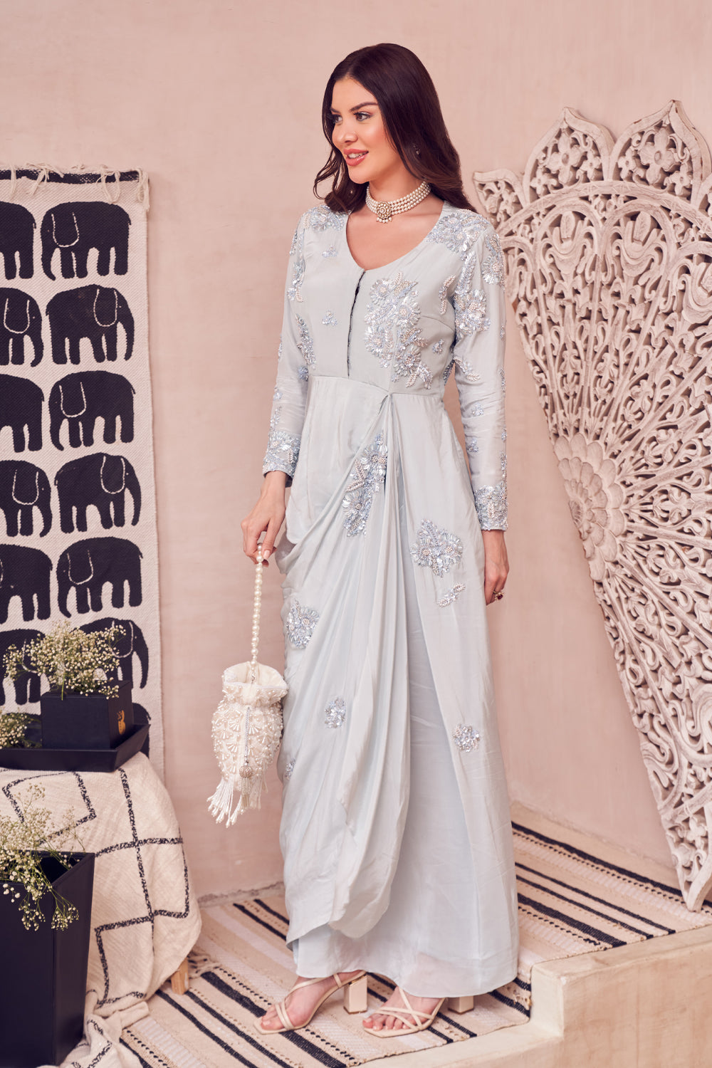 Icy Azure Blue Crepe Hand Embellished Pearls Round Draped Gown