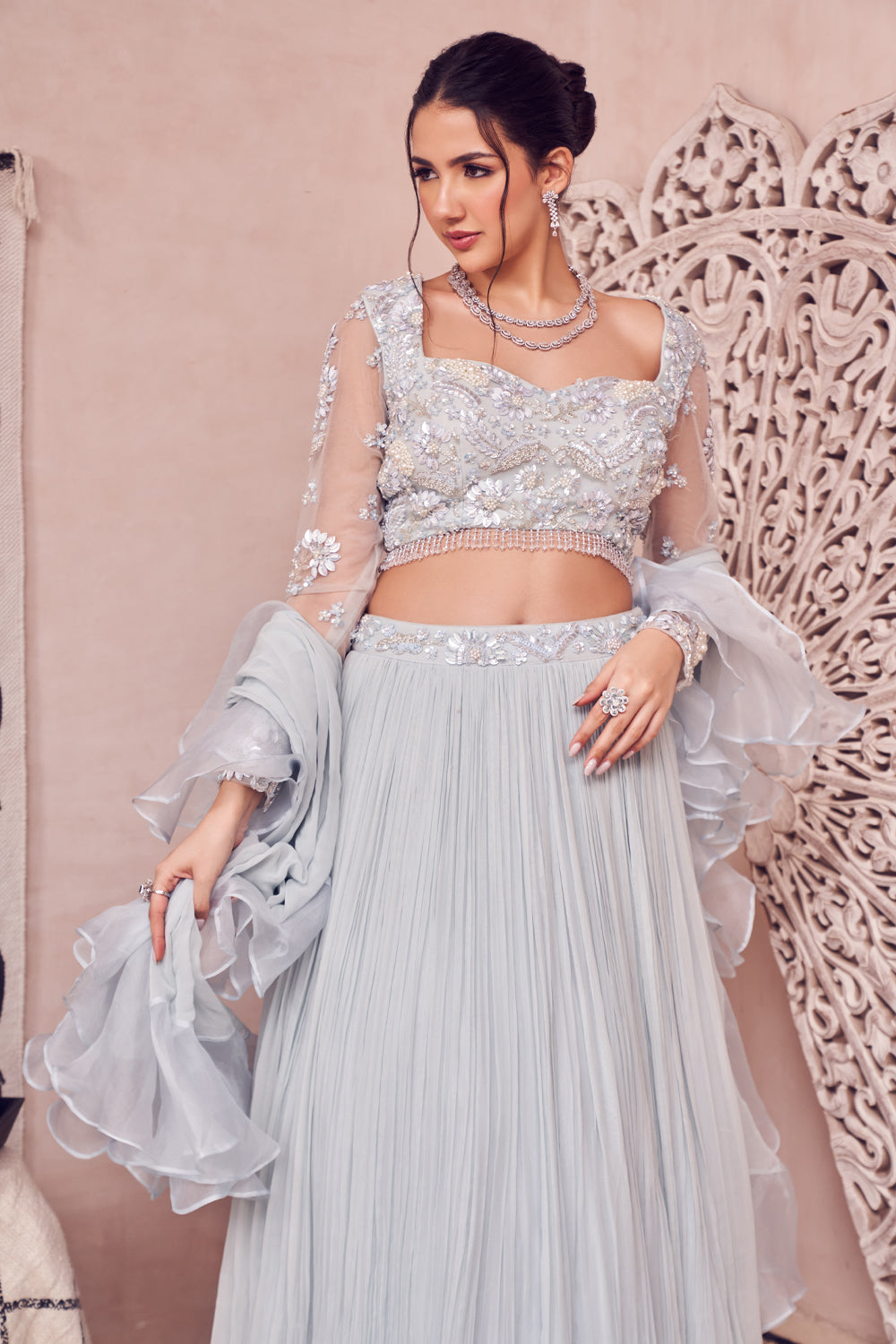Heavenly Hue Blue Net Hand Embellished Pearls Sweetheart Lehenga Set