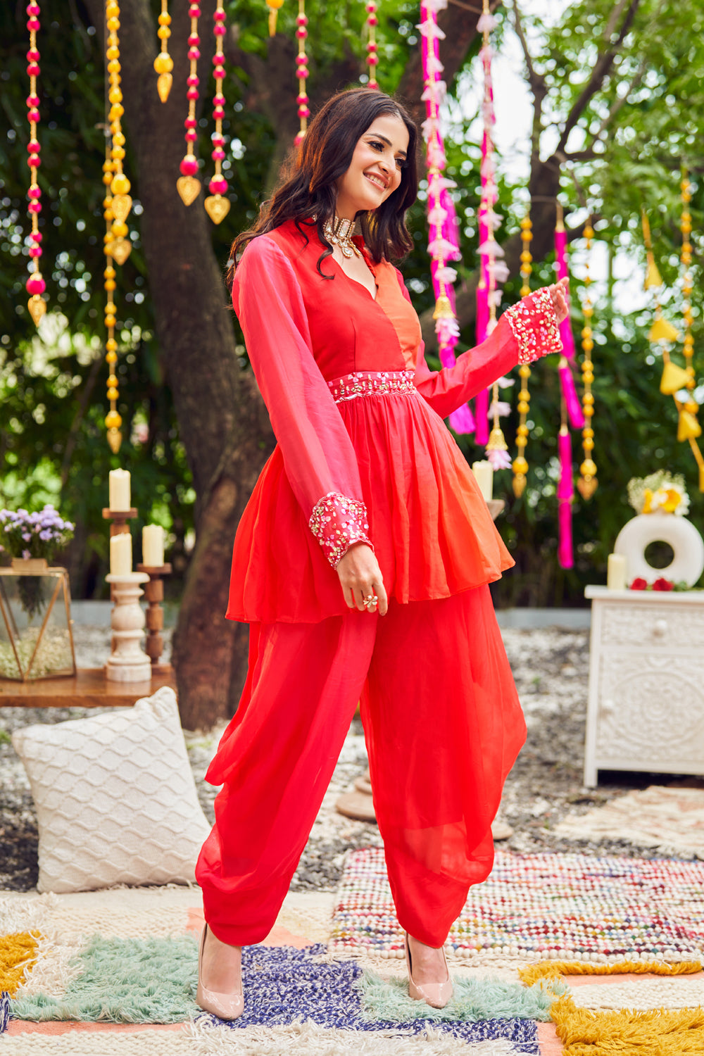 Red Viscose Organza Embroidery Crystals Ombre Peplum Kurta With Dhoti Pant