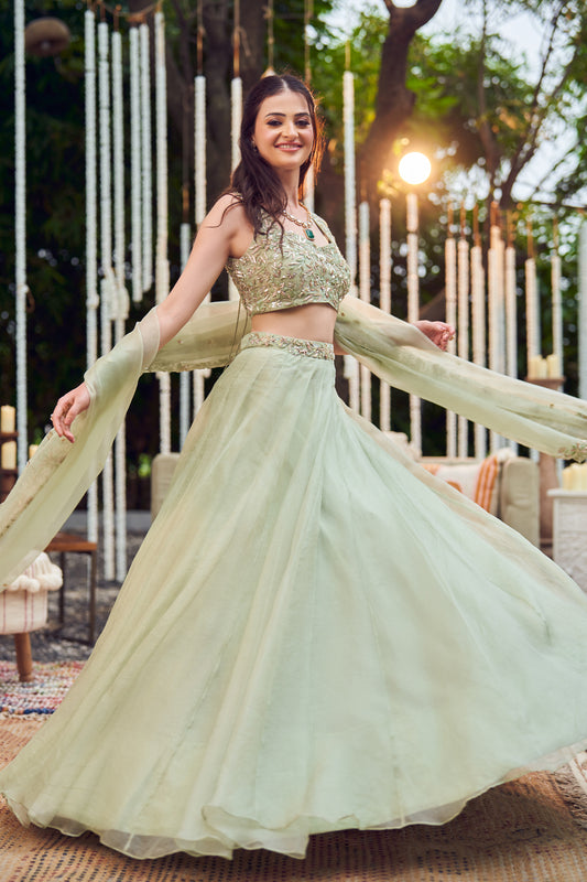 Lush Green Organza Lining Shantoon Flora Bloom Waistband Lehenga Set