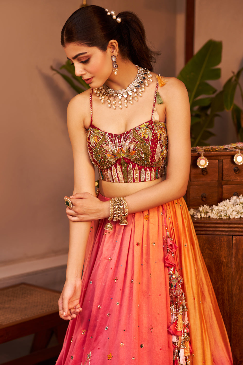 Madhubala Pink Chanderi At Sunset Embroidered Lehenga With Bustier
