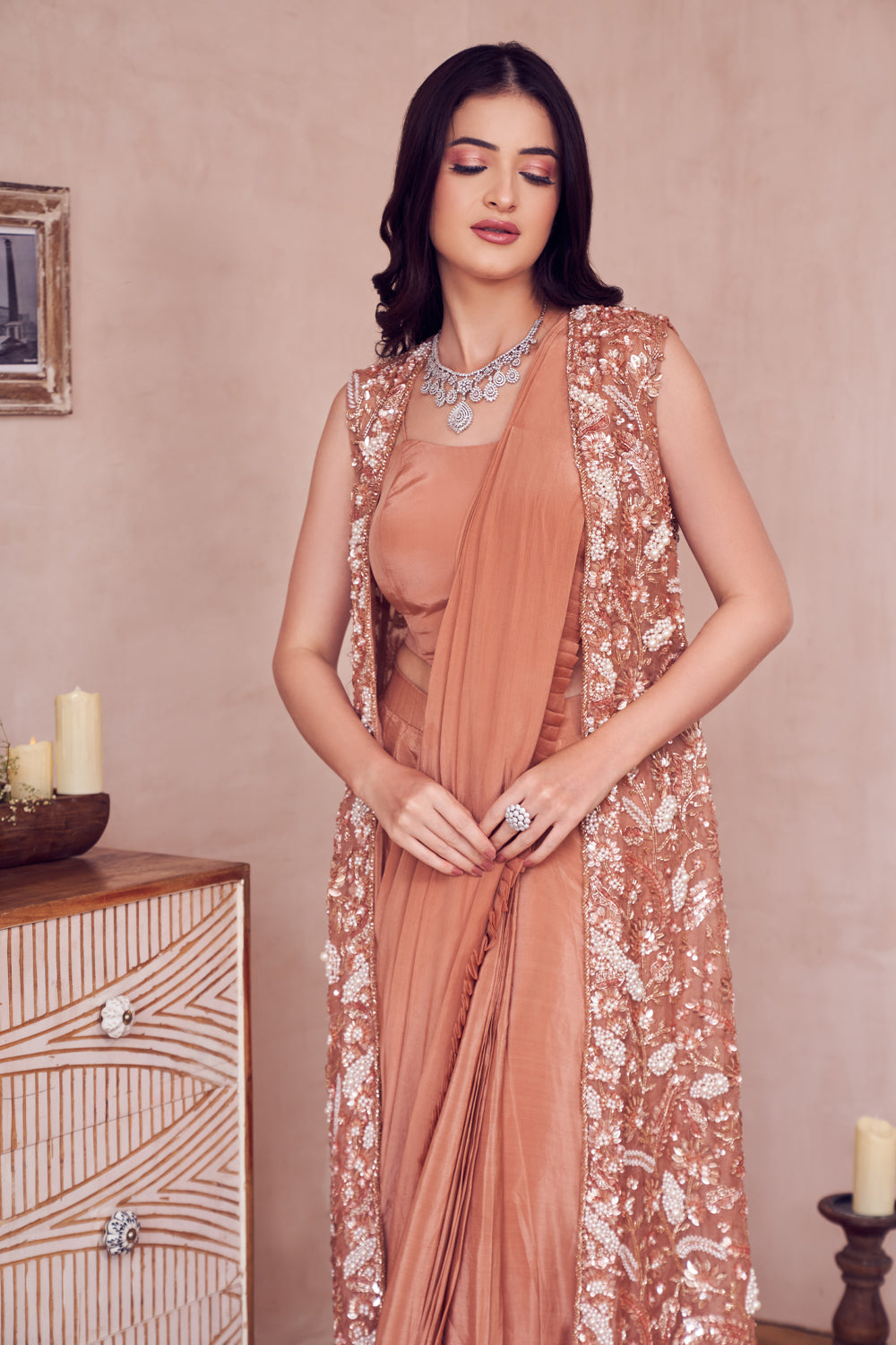 Gilded Rose Gold Lining Shantoon Embellished Pre-Draped Saree With Jacket