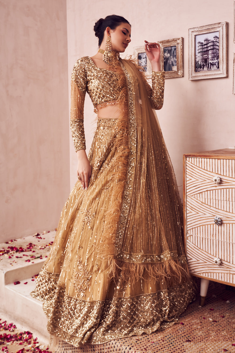 Dripping Gold Net Lining Shantoon Embroidery Sequin Bridal Lehenga Set
