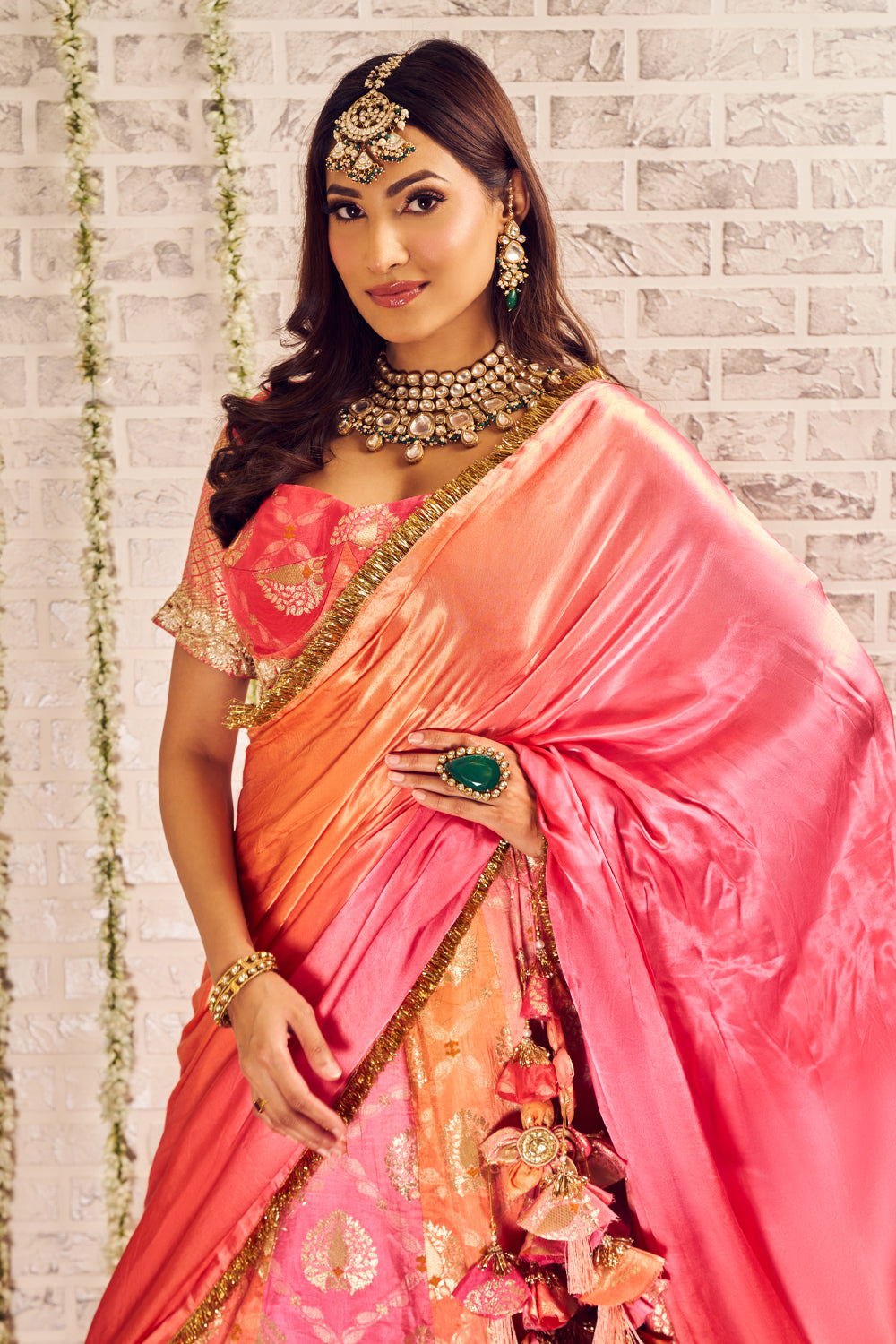 Shagna Moh Pink Orange Banarasi Skirt and Blouse with Dupatta Set