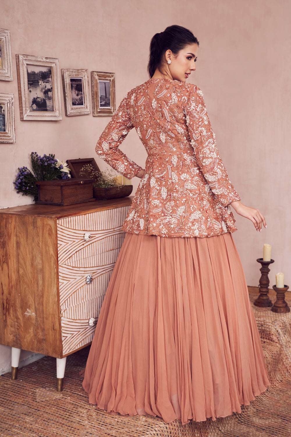 Magical Rose Gold Lining Shantoon Embellished Peplum Blouse With Lehenga