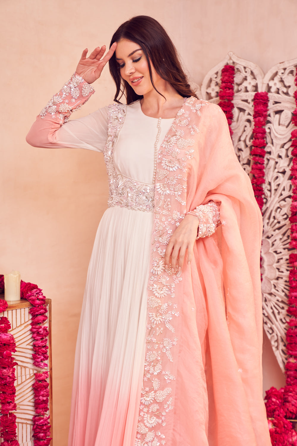 Cascading Cherry Anarkali Pink White Georgette Anarkali with Dupatta