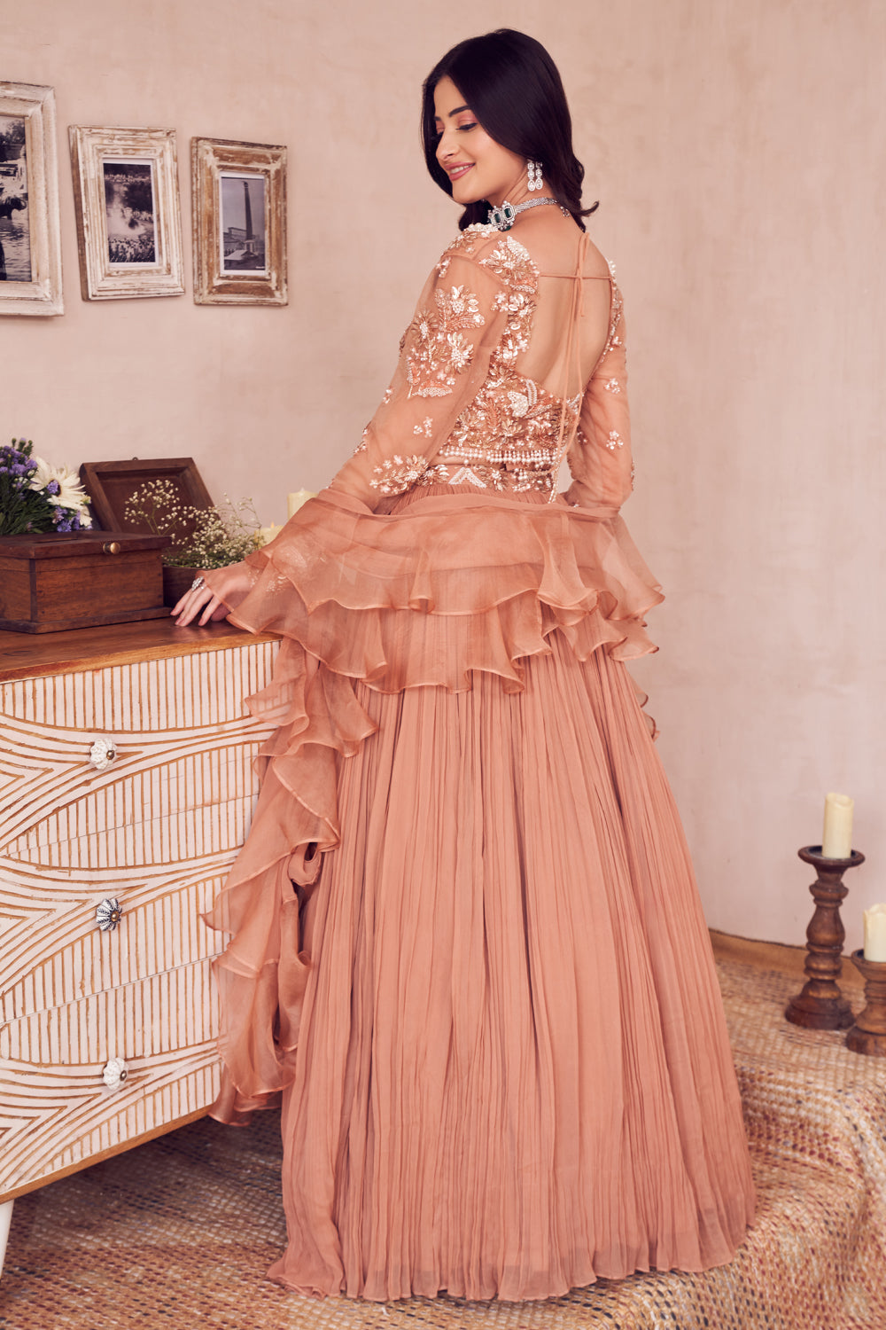Rosewood Radiance Rose Gold Net Embellished Pearl Sweetheart Waist Lehenga Set