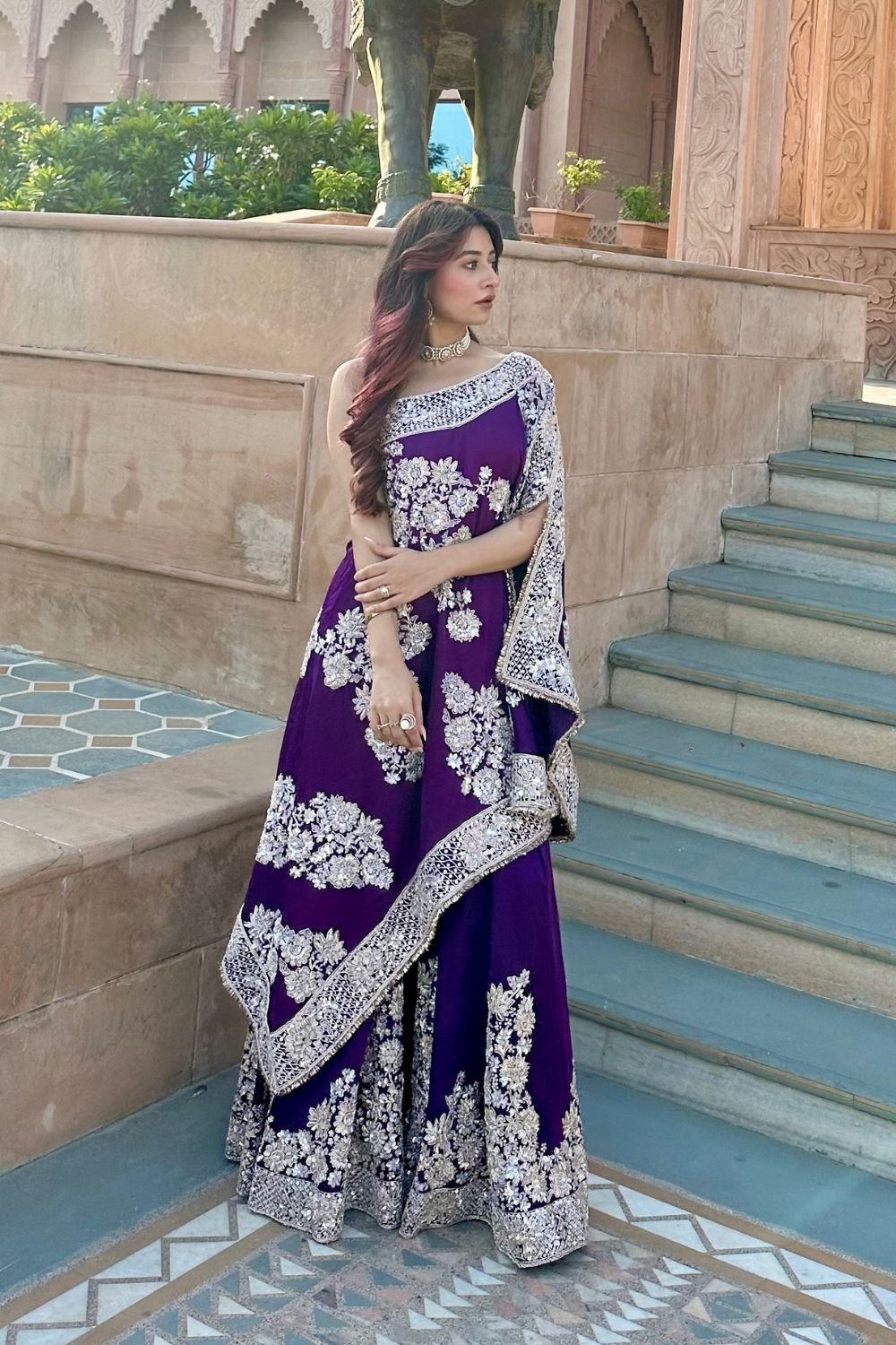 Swarna Purple Satin Silk Lining Shantoon Embroidery Rooh Bahar Kaftan With Sharara