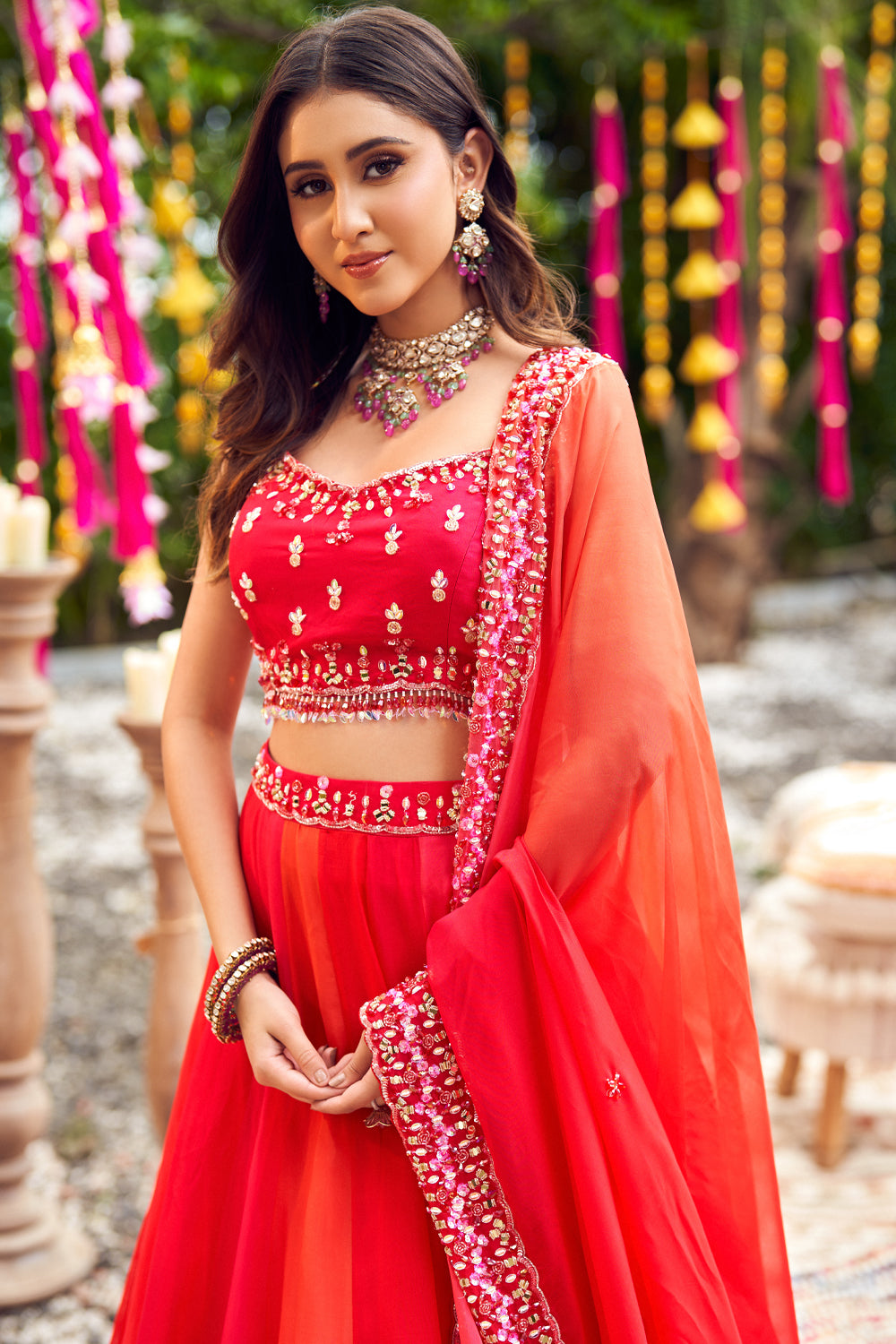 Rosewood Ombre Red Viscose Organza Embroidery Crystals Sweetheart Lehenga Set