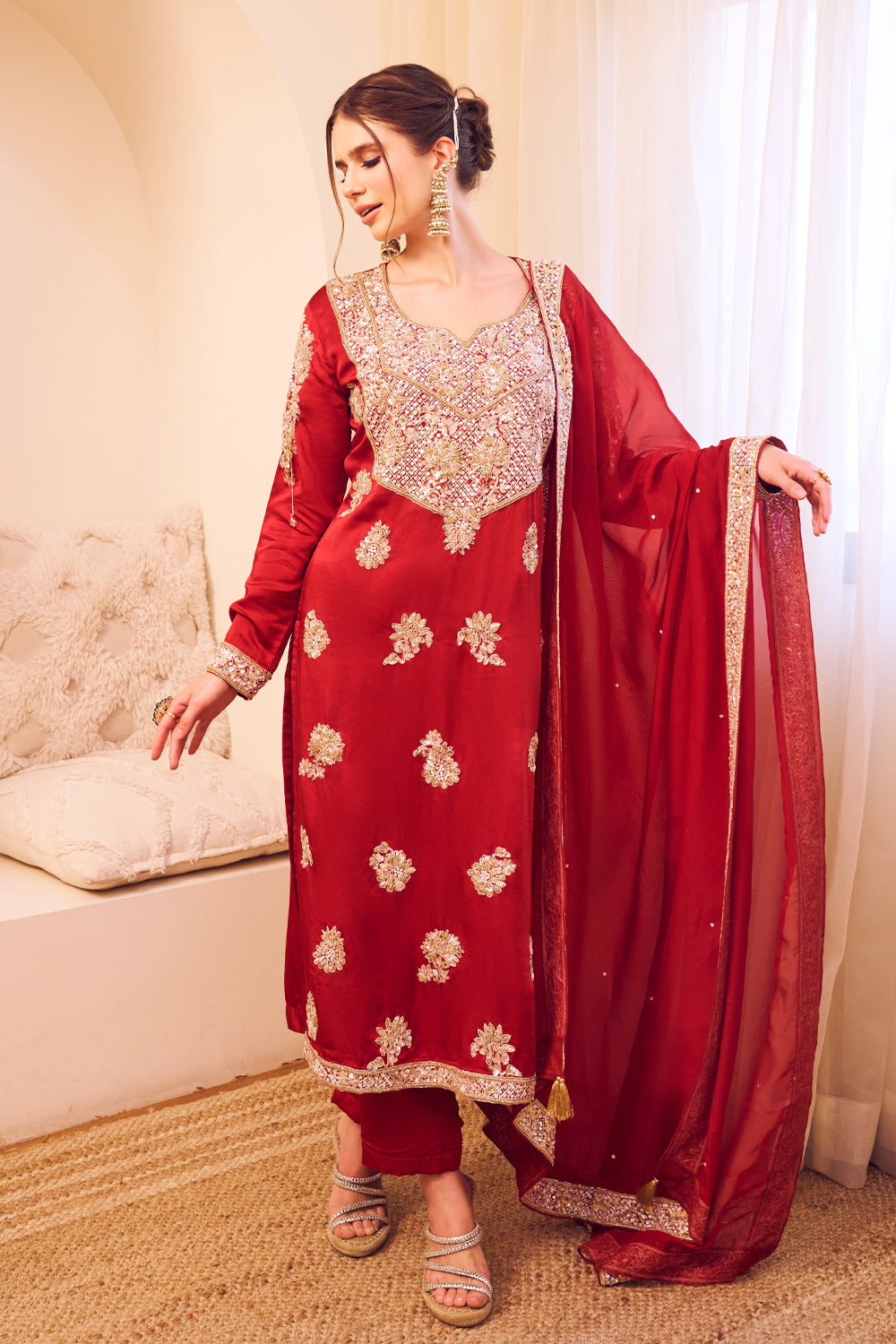 Gehraaiyaan Maroon Satin Silk Embroidery Sequin Mughal Bloom Kurta Pant Set