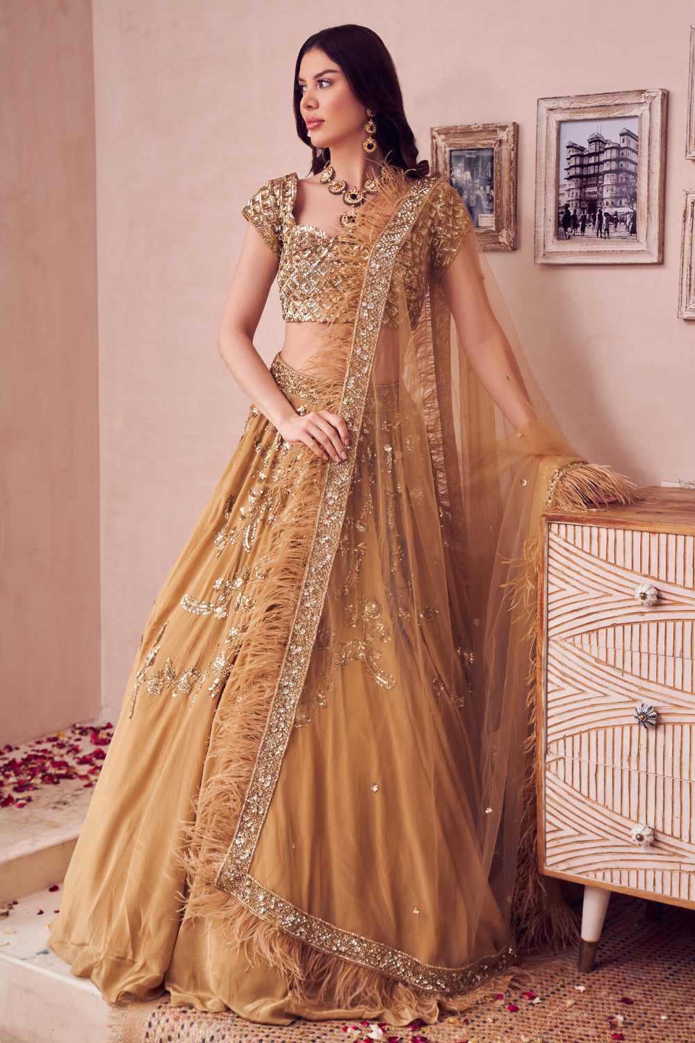 Gold Rust Net Embroidery Sequin Sweetheart Neck Bloomy Ambrosia Bridal Lehenga Set