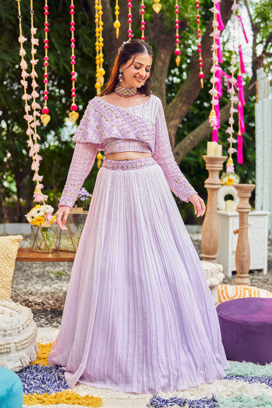 Orchid Purple Organza Lining Shantoon Embroidery Pleated Lehenga With Blouse