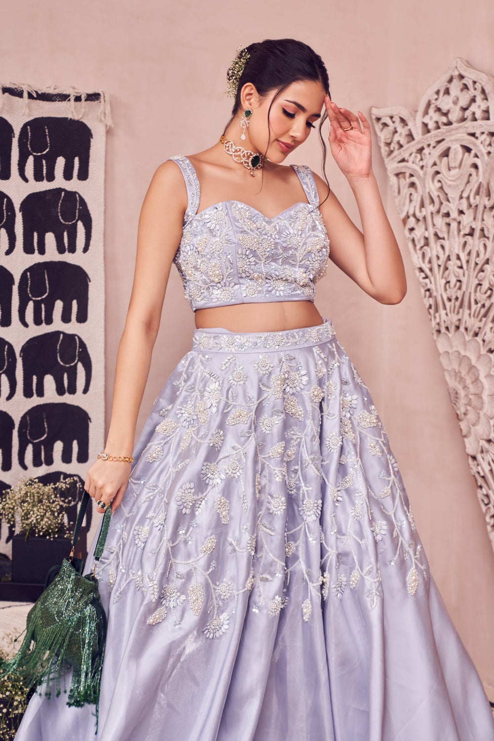 Blue Pearl Glass Satin Hand Embellished Floral Sweetheart Lehenga Set