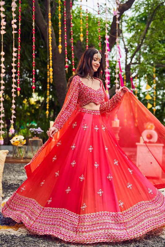 Sunset Ombre Red Viscose Organza Embroidery Crystals Leaf Cutdana Lehenga Set