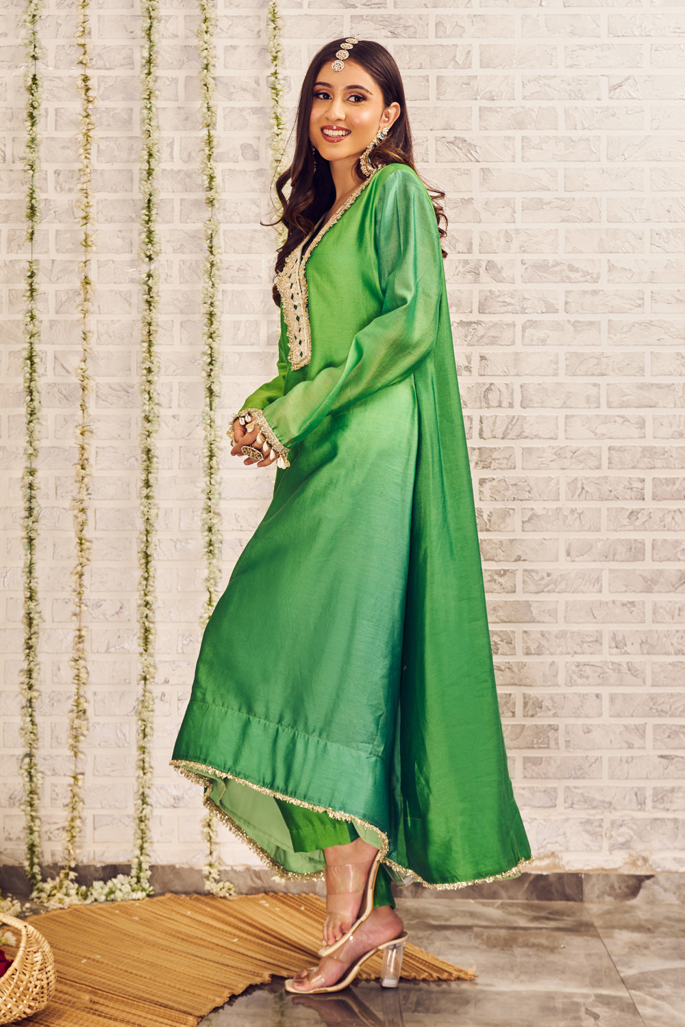 Shagna Di Ruhaniyat Green Chanderi Kurti with Pants Set