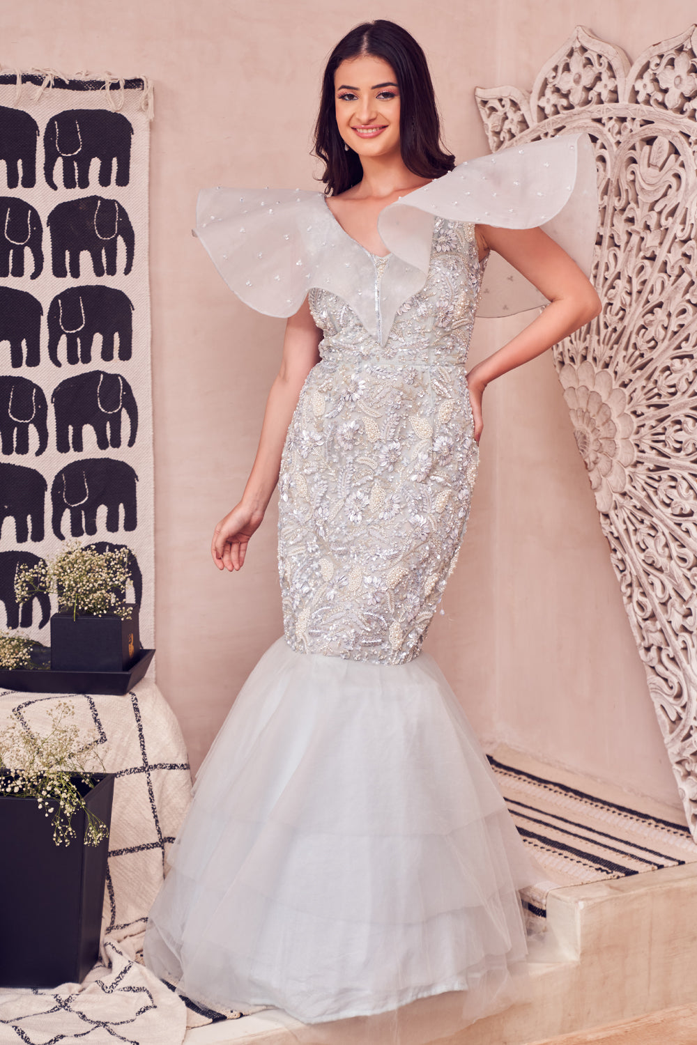 Fae Blue Net Hand Embellished Pearls V-Neck Mermaid Gown