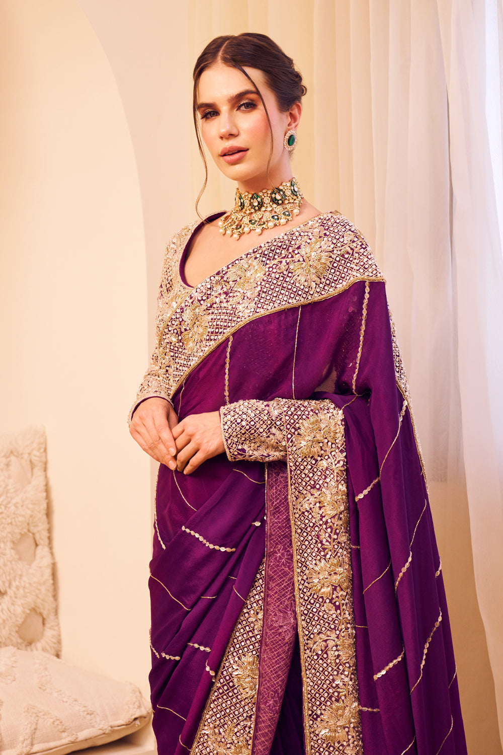 Riyaaz Purple Organza Lining Shantoon Phool Bahar Border Saree With Blouse