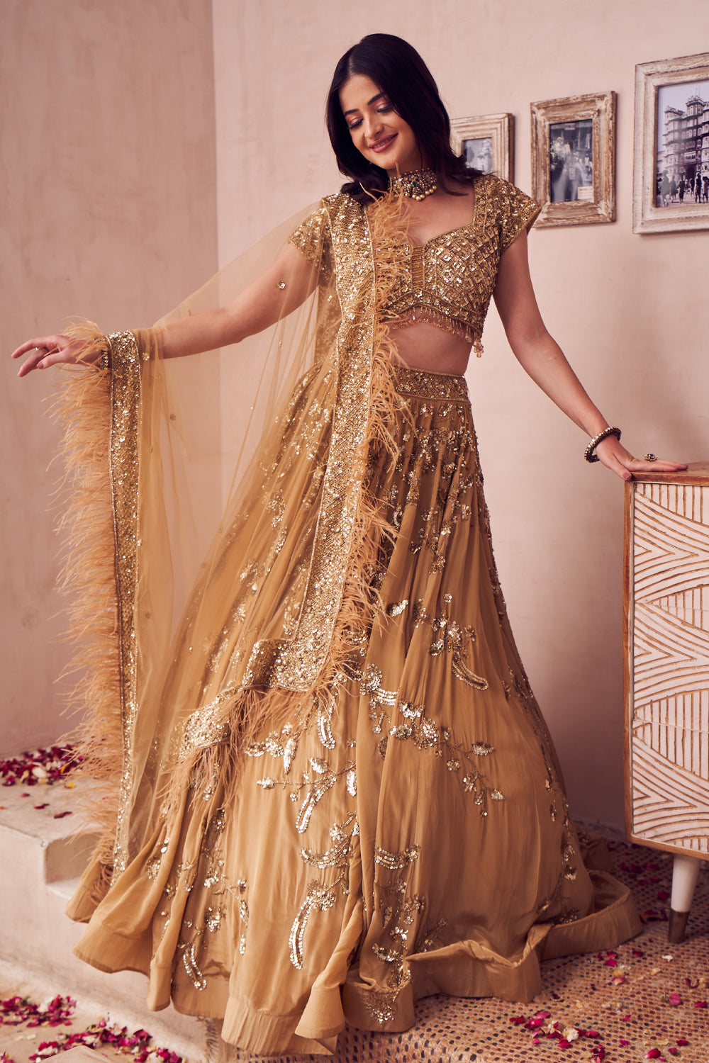 Royale Gold Net Embroidery Sequin Sweetheart Neck Ambrosia Bridal Lehenga Set