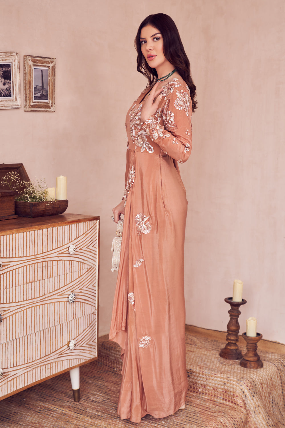 Diamond Dream Rose Gold Crepe Embellished Pearl V Neck Draped Gown