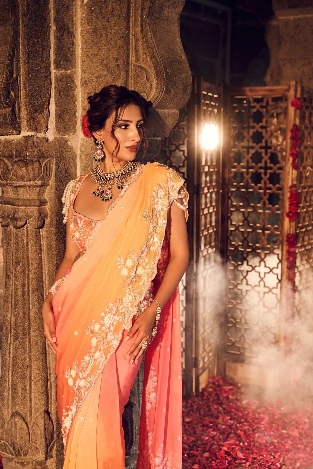 Zainab Orange Yellow Viscose Organza Lining Shantoon Floral Saree With Blouse