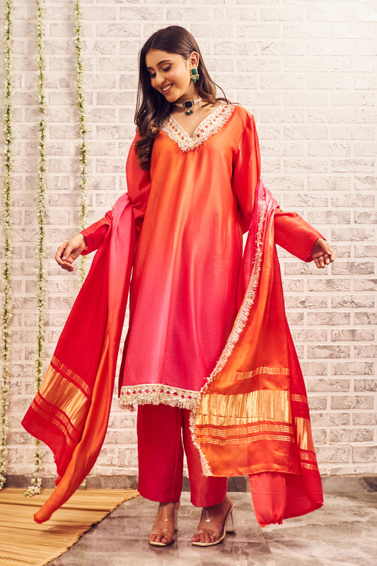 Shagna Hoor Orange Pink Chanderi Kurta Pants with Dupatta Set