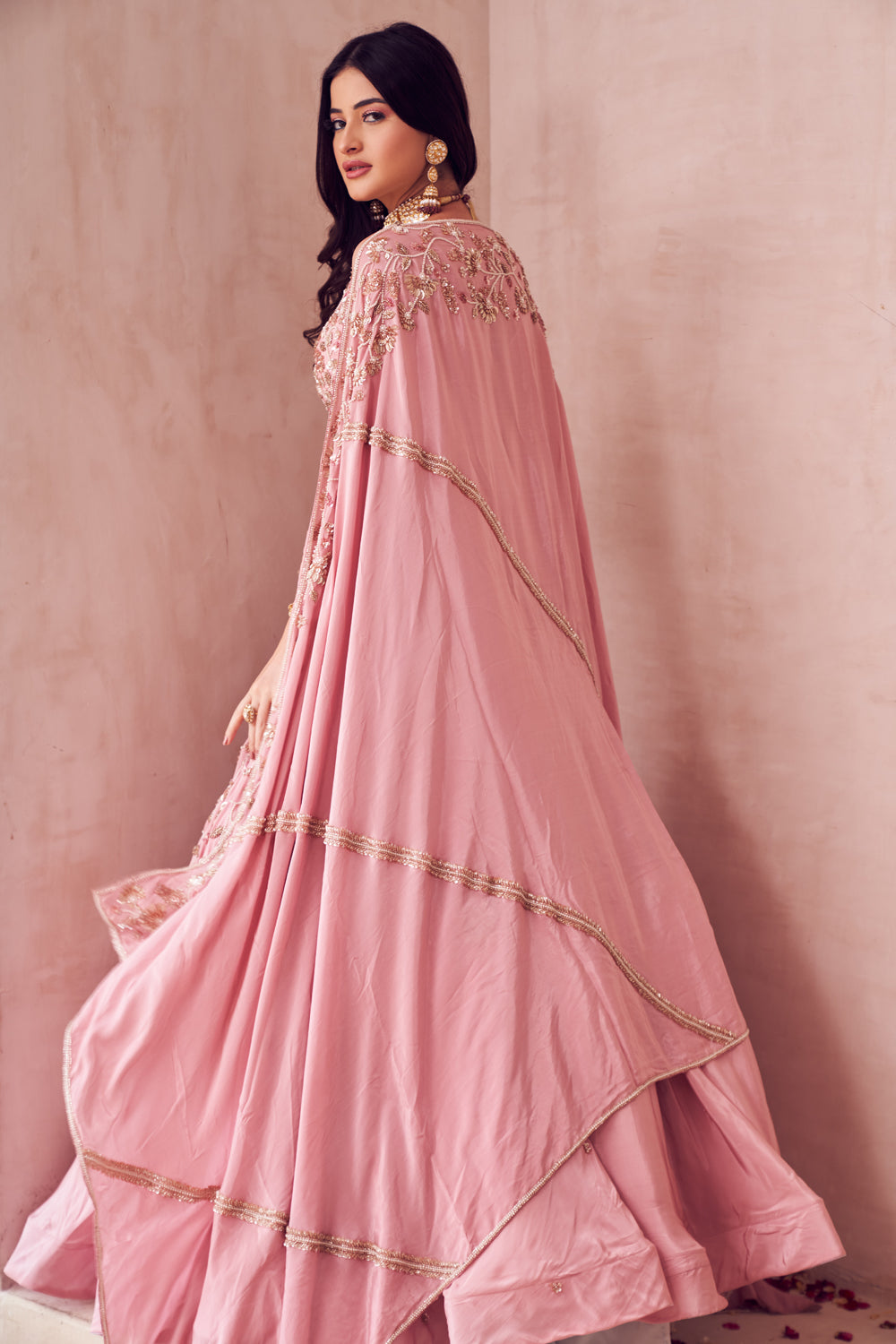 Floral Fountain Pink Crepe Lining Shantoon Embroidery Bridal Lehenga Set