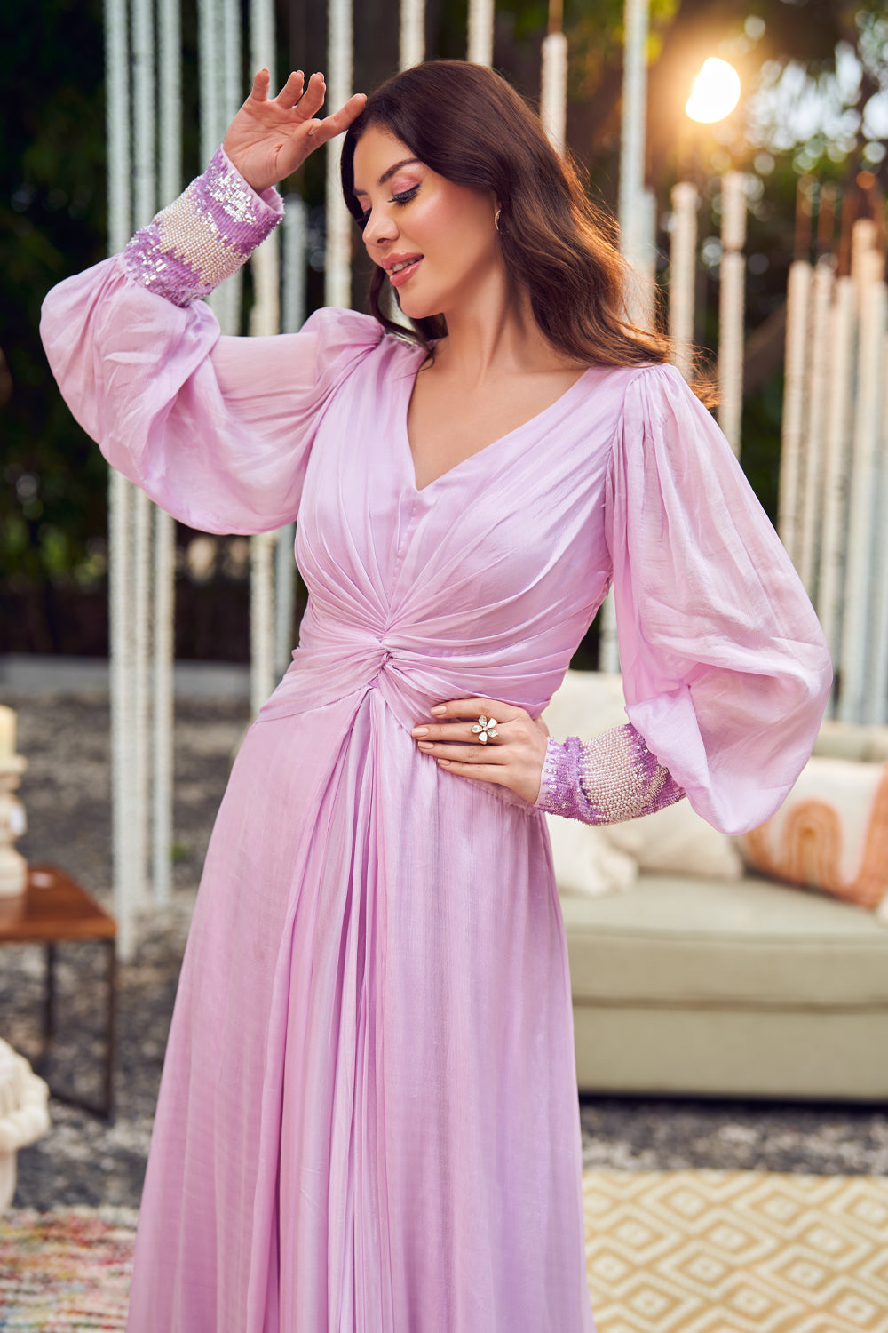 Pastel Purple Georgette Lining Shantoon Embroidery Sequin Gathered Front Knotted Gown