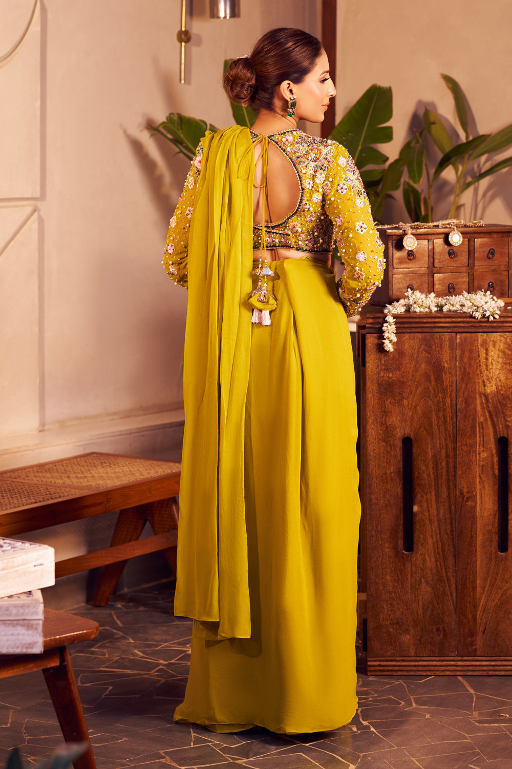 Jasmine Green Georgette Embroidered Thread Border Pre-Draped Saree With Blouse