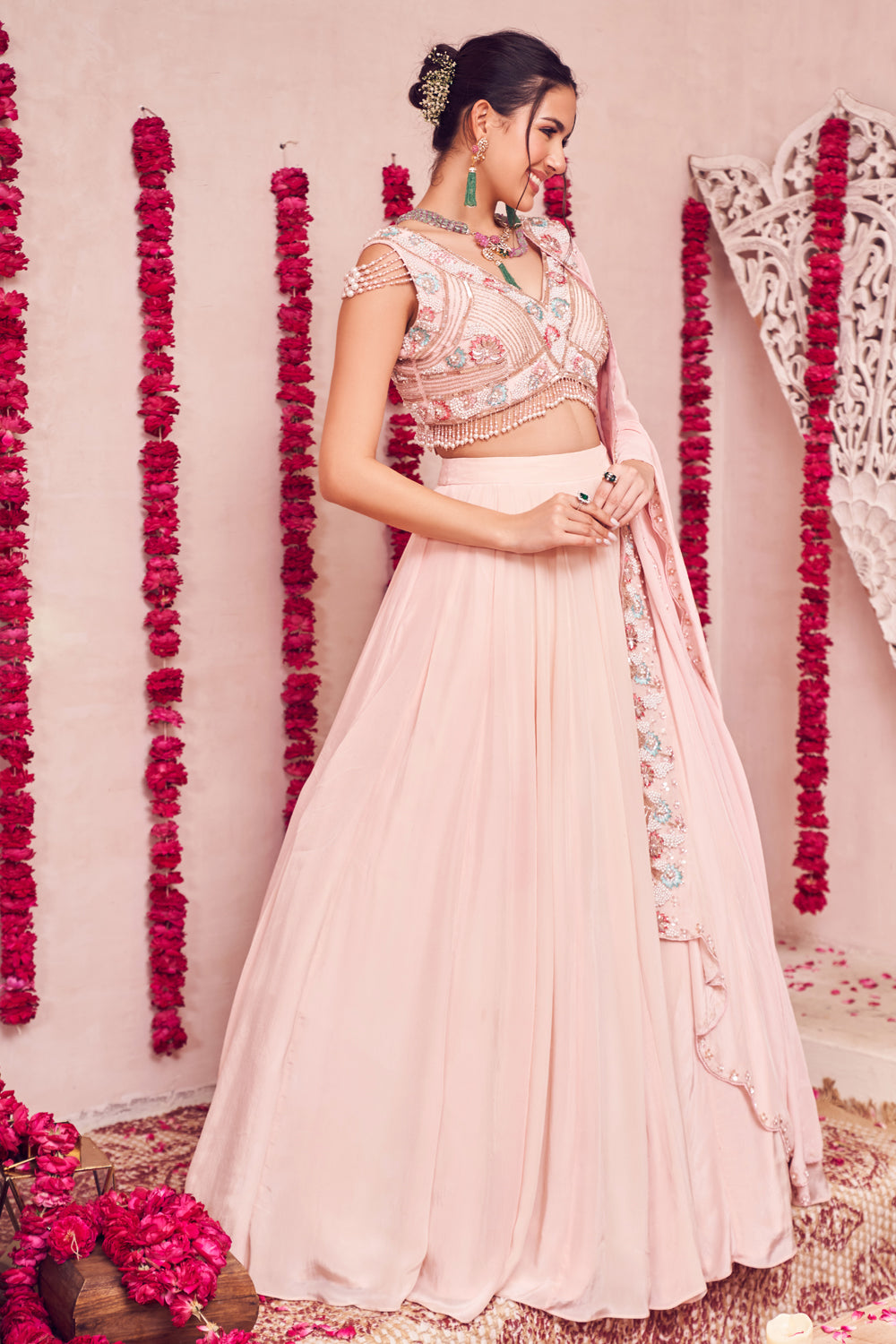 Posh Peach Lehenga Crepe Embellished Lehenga Set with Blouse