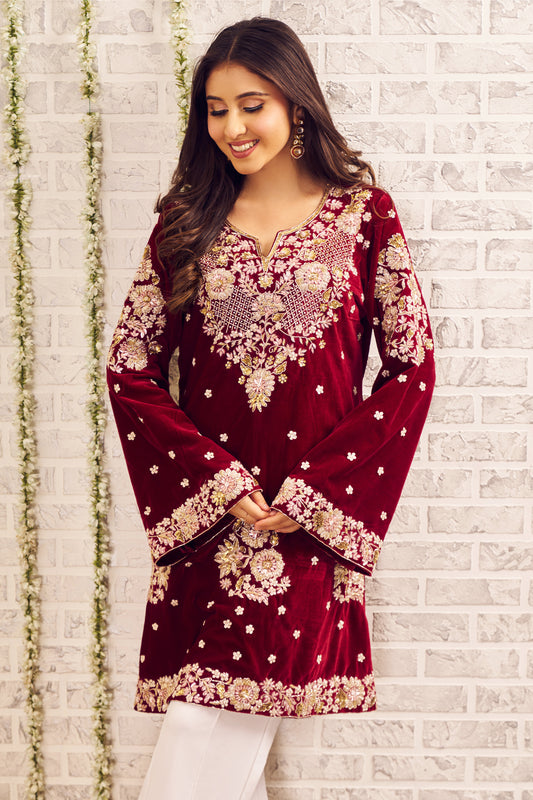 Shagna Sajda Maroon Velvet Kurti with Pants