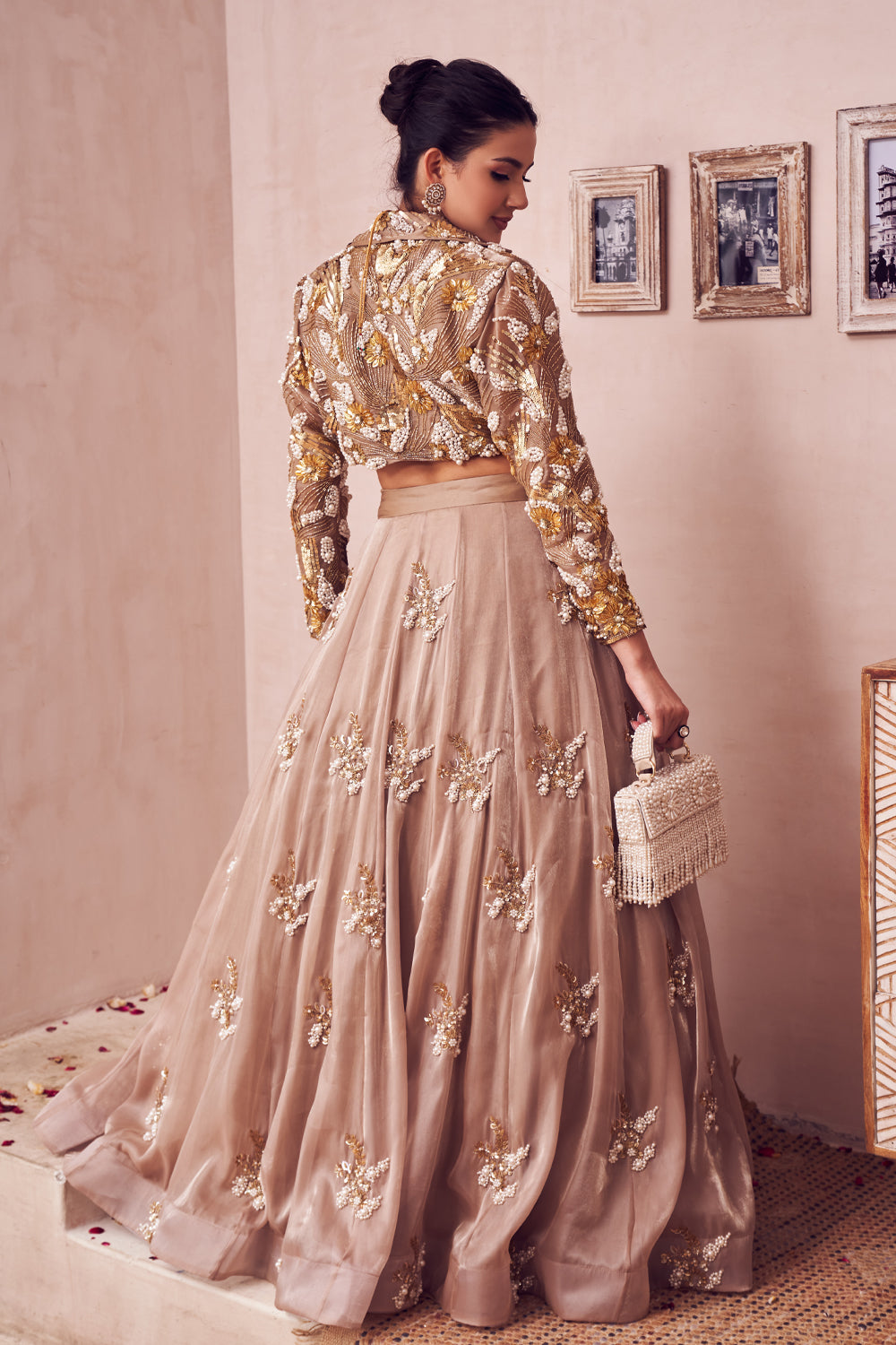 Dreamscape Gold Glass Organza Lining Shantoon Embroidery Flora Lehenga Set