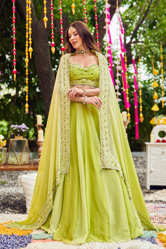 Jade Splendor Green Viscose Organza Embroidery Crystals Sweetheart Lehenga Set