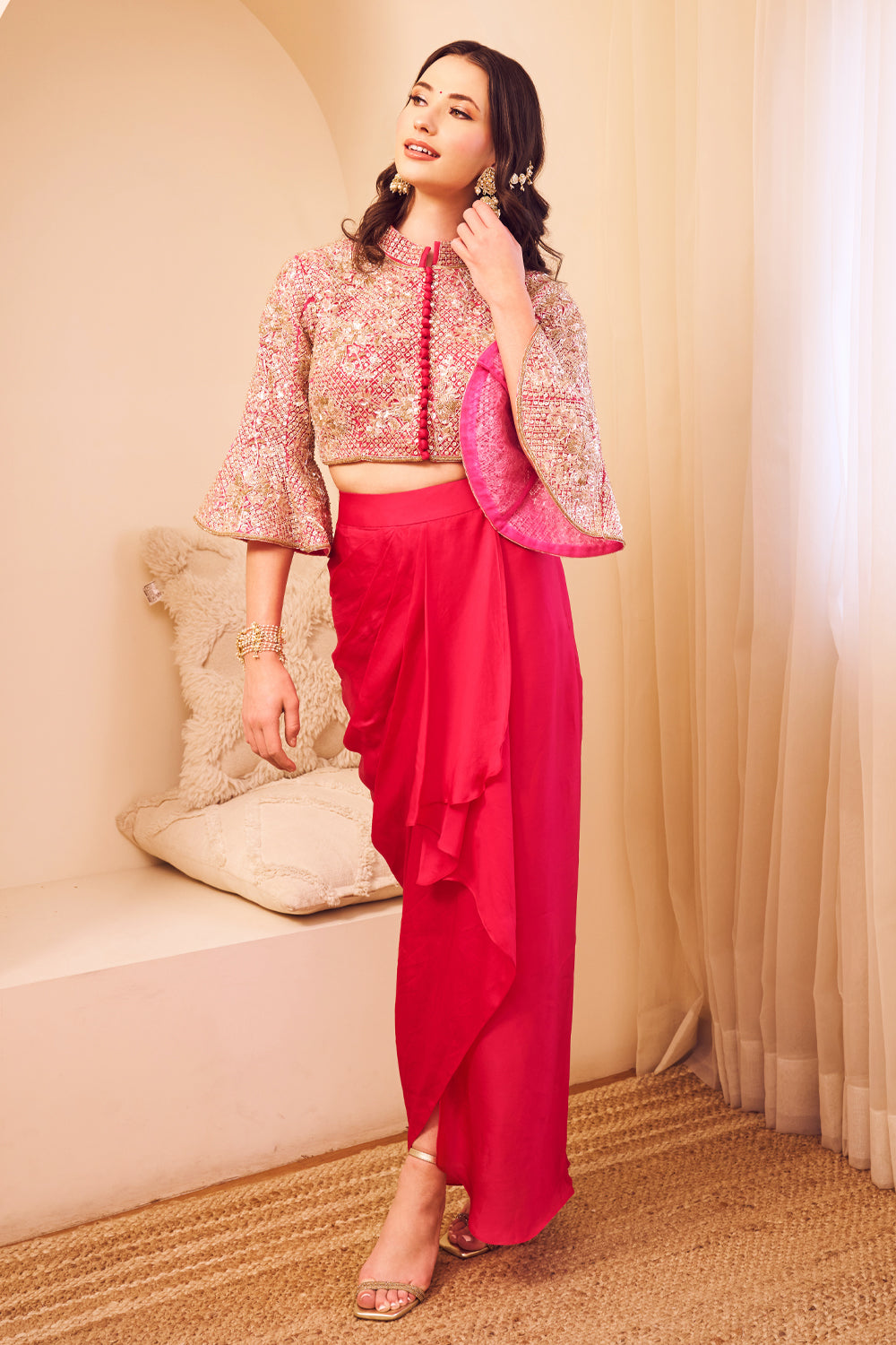 Masakali Hot Pink Satin Silk Lining Shantoon Bloom Blouse With Draped Skirt