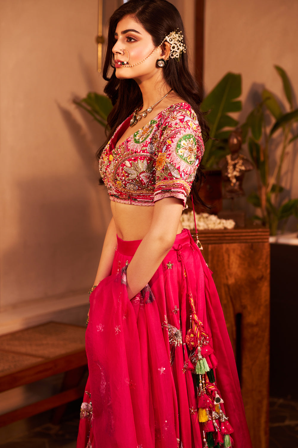 Arzoo Pink Kora Organza Palm Tree Embellishment & Embroidered Lehenga Set