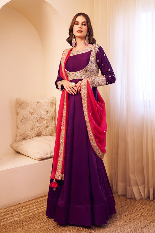 Meherbaan Purple Satin Silk Lining Shantoon Bahar Flora Anarkali Set