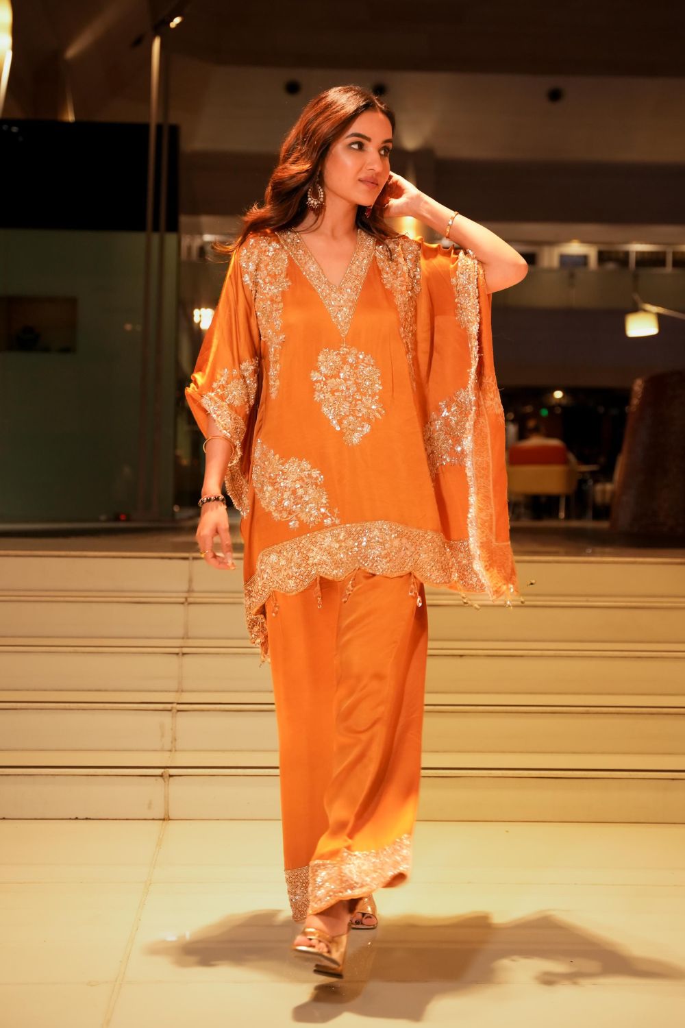 Seher Yellow Satin Silk Lining Shantoon Embroidery Gullista Kaftan With Pant