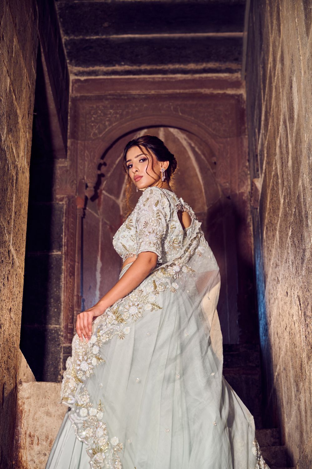 Oceane Powder Blue Embellished Crepe Lehenga with Blouse and Dupatta