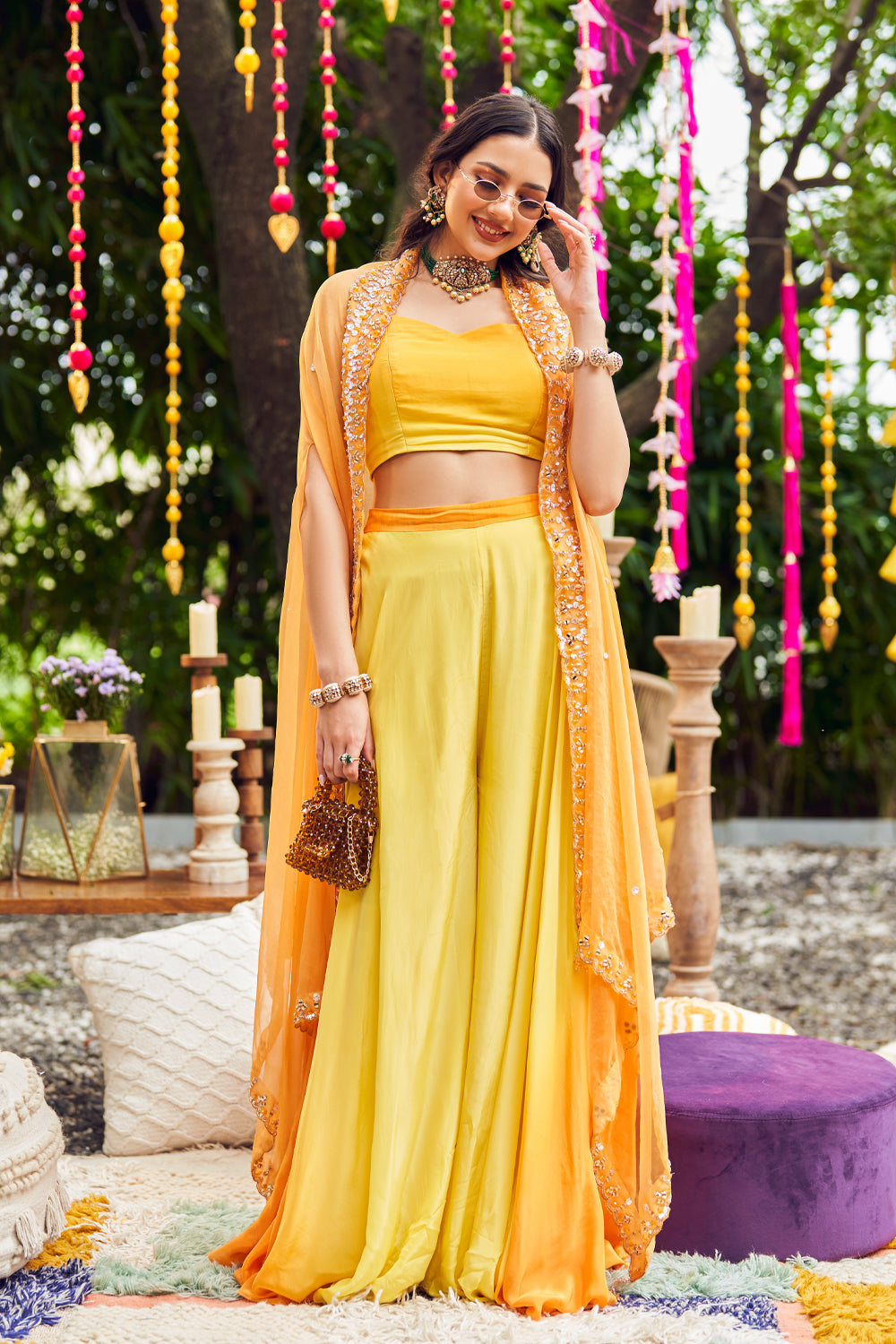 Lemon Zest Yellow Organza Crepe Embroidery Crystals Cape And Flared Pant Set