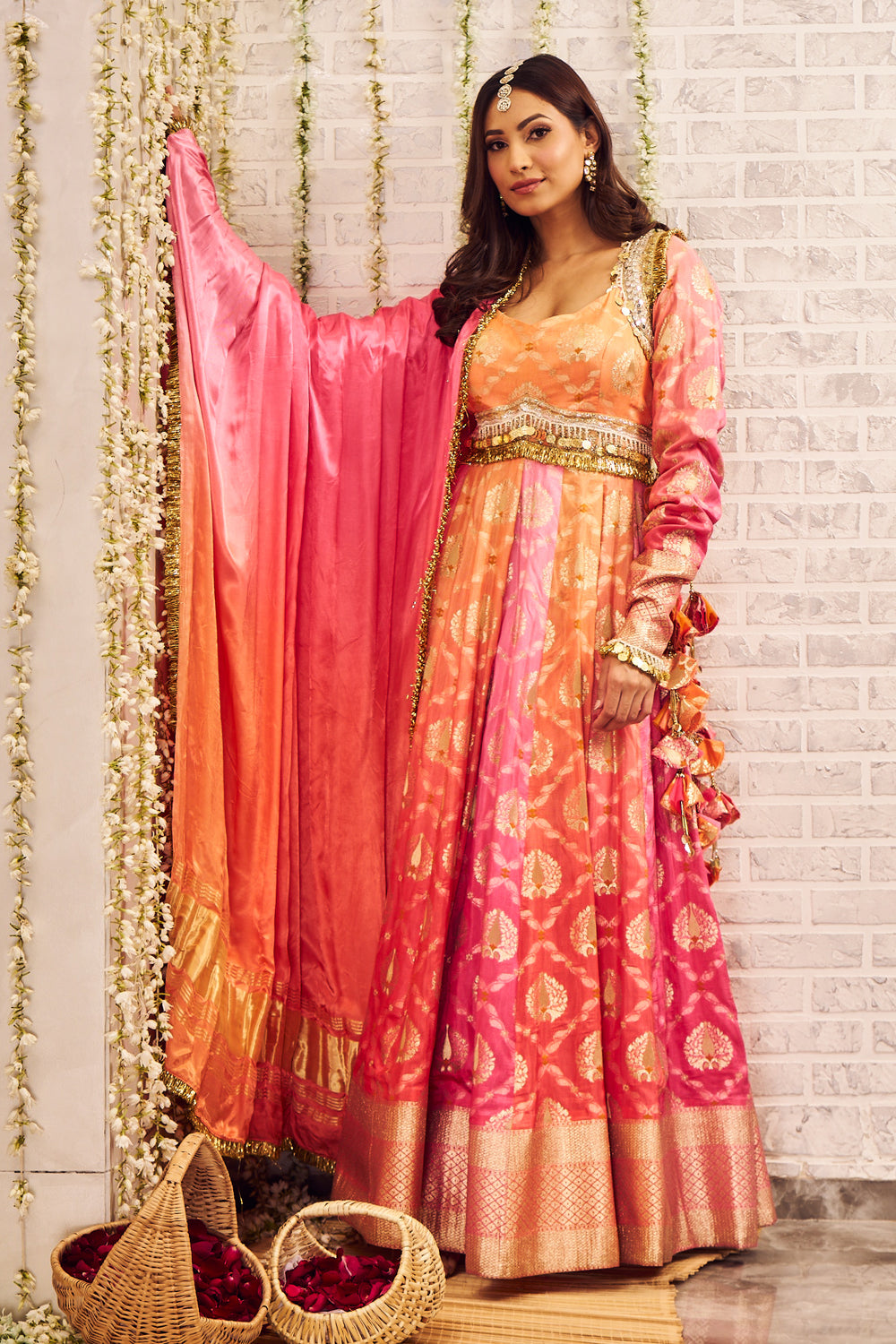 Shagna Inayat Orange Pink Banarasi Anarkali with Dupatta