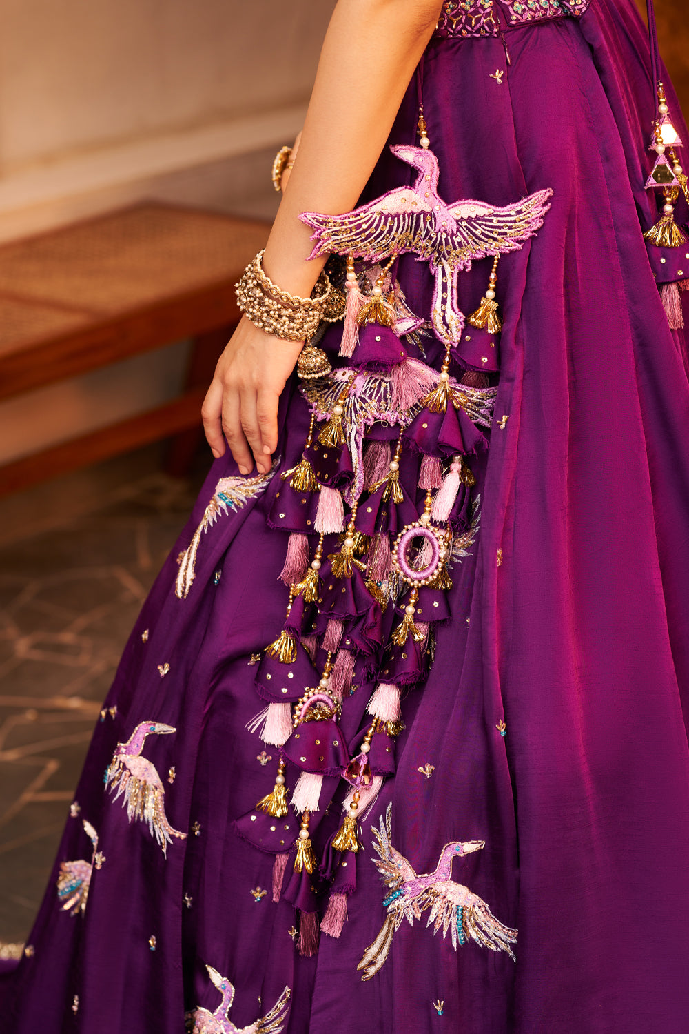 Indrani Purple Dupion Silk Bird V-Neck Embellishment & Embroidered Lehenga Set